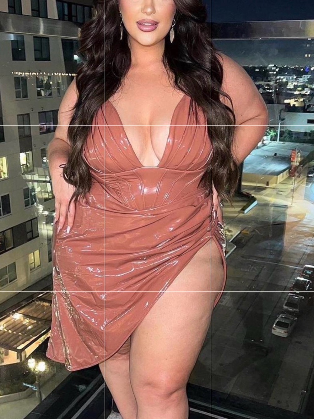Sexy V-Neck Vinyl Midi Dress in Mauve Brown